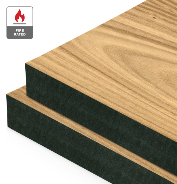 Plantation Oak Veneer Crown Cut on Fire Rated Black MDF